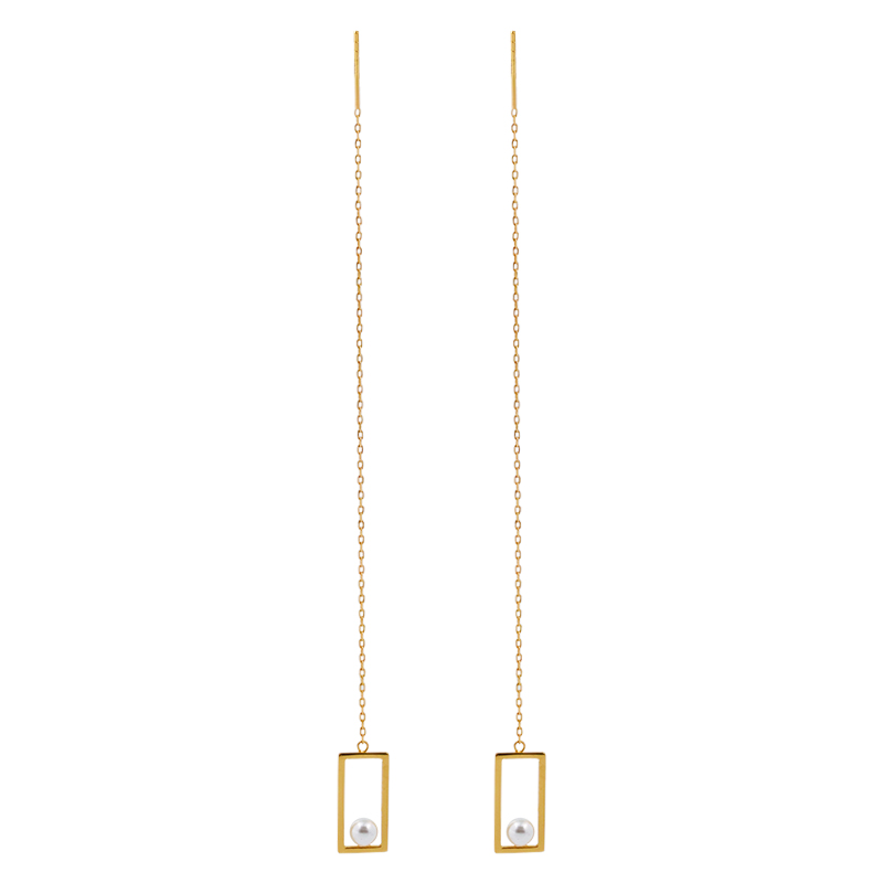 レディースピアス 長方形フレーム真珠付きチェーンピアス
