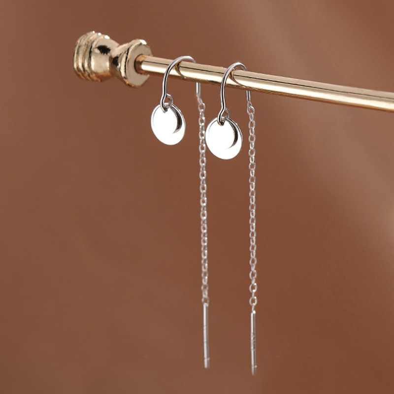 レディースピアス 丸プレート付き繊細チェーン揺れるピアス