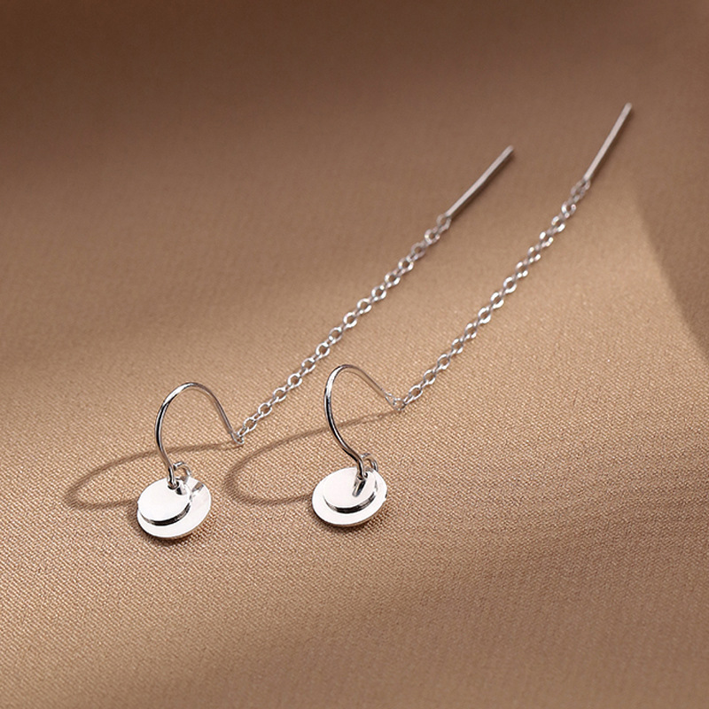 レディースピアス 丸プレート付き繊細チェーン揺れるピアス