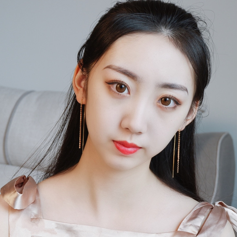 レディースピアス 連続小粒丸玉チェーン糸通し揺れるピアス