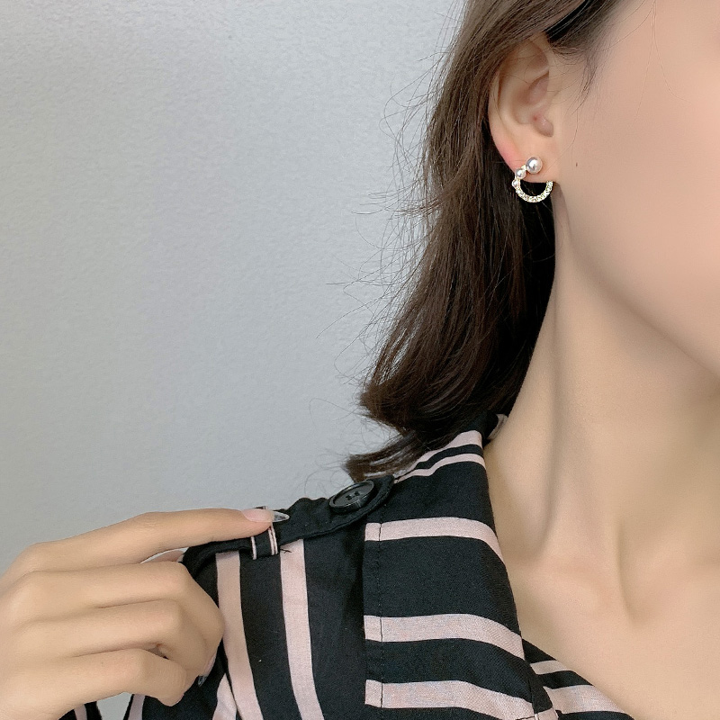 レディースピアス 真珠と輝石の半円モチーフスタッドピアス