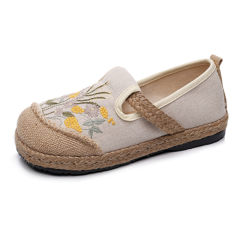 レディーススリッポン 花柄刺繍麻底編み込みぺたんこ靴