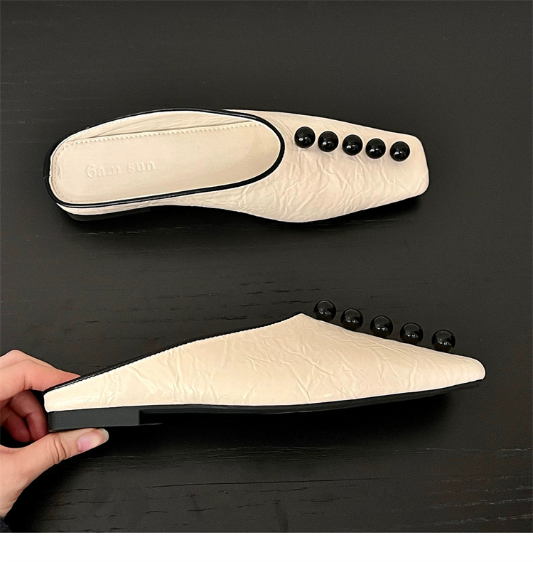 レディーススリッポン 幅広対応パール付き角先半履きぺたんこ靴2024秋冬