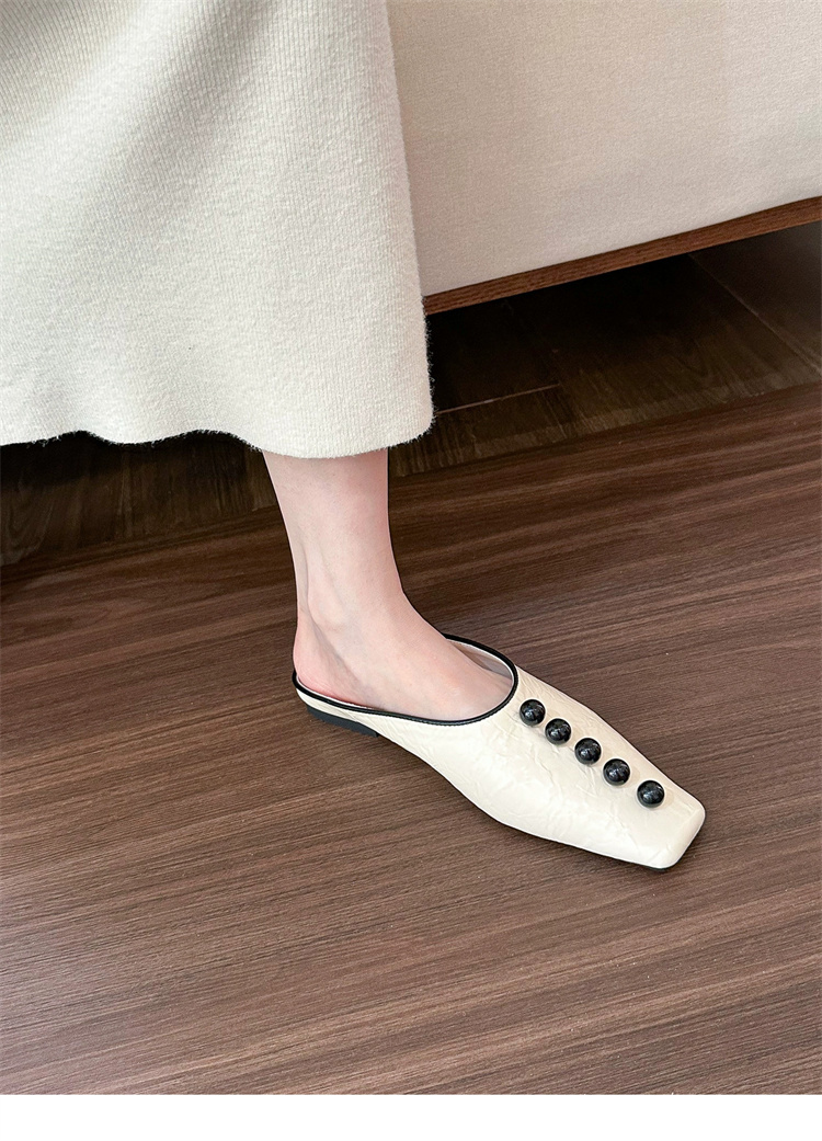 レディーススリッポン 幅広対応パール付き角先半履きぺたんこ靴2024秋冬