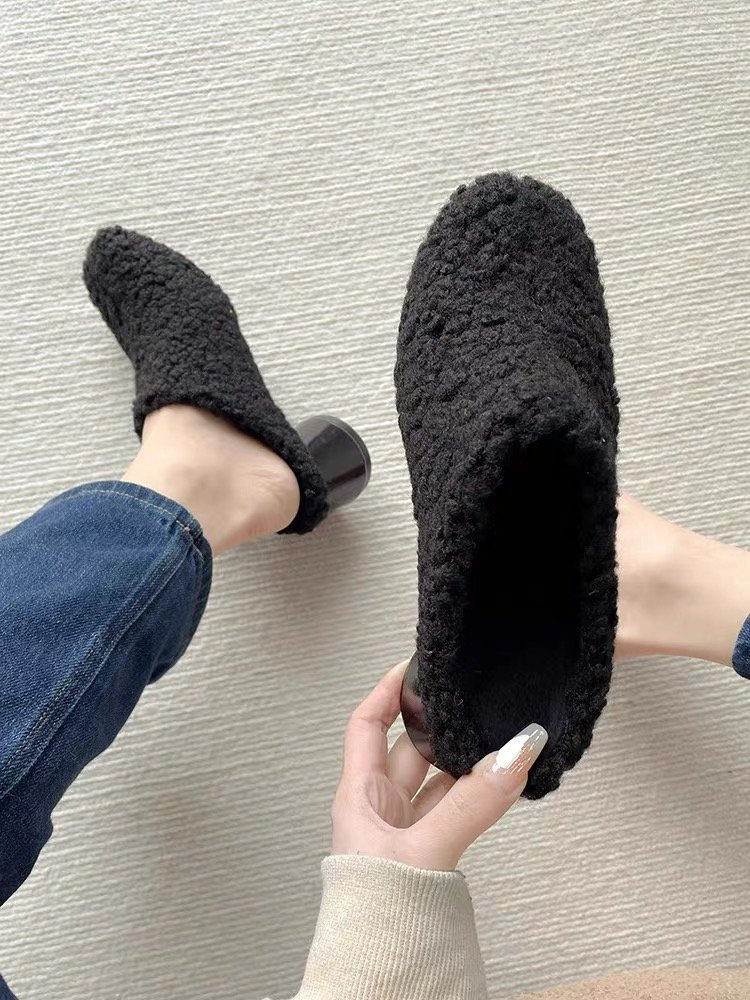 レディーススリッポン 幅広対応 もこもこ羊毛ミュール 暖かスリッパ パンプス