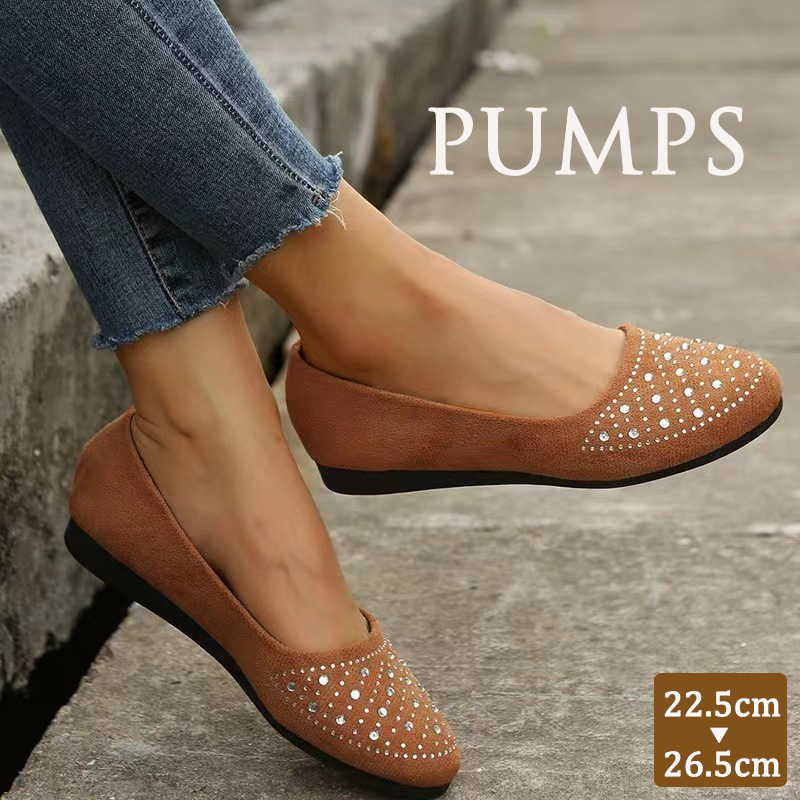 レディーススリッポン ラインストーン付きフラットパンプス