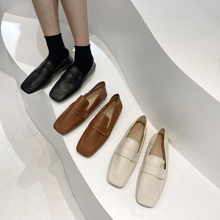 レディーススリッポン 幅広スクエアトゥ ぺたんこ フラット靴 韓国風 柔らか