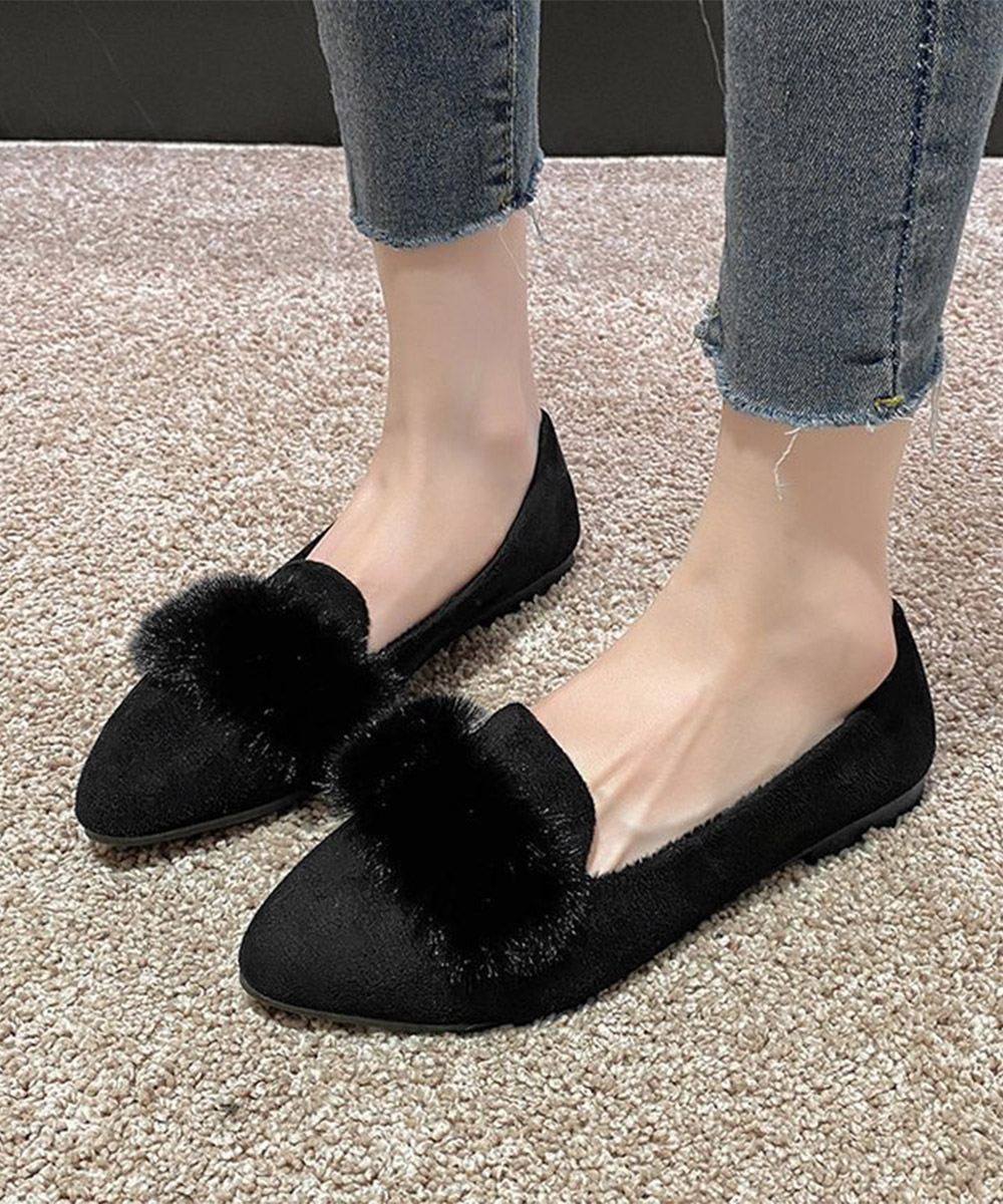 レディーススリッポン ファー付きポインテッドトゥスリッポン