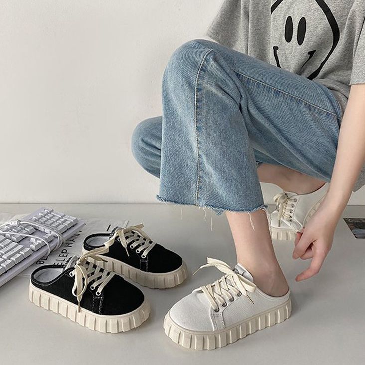 レディーススリッポン 厚底ミュール運動靴 デイリー美脚ベーシック白色靴