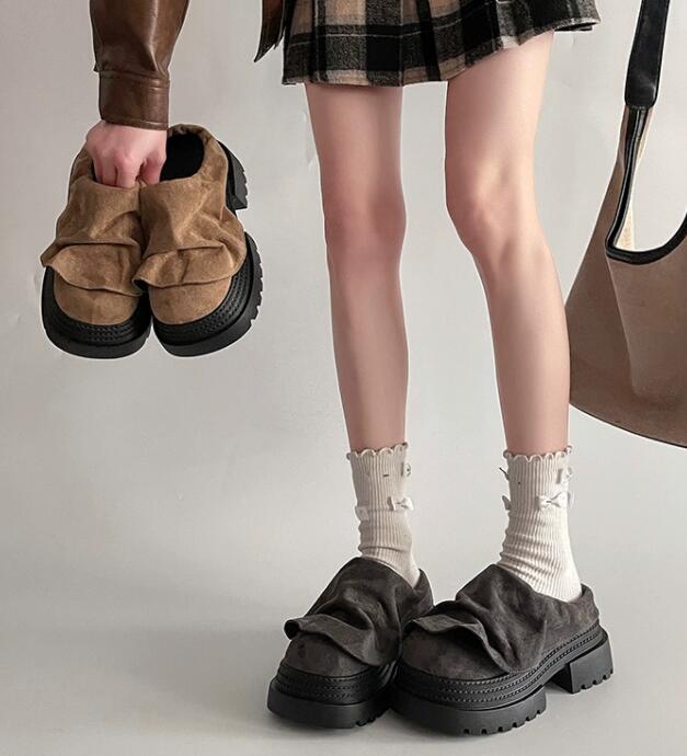 レディーススリッポン レディース厚底つっかけ靴 スエード風リボンデザインパンプス