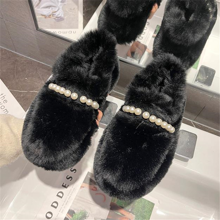厚底ファー付きパール装飾レディーススリッポン