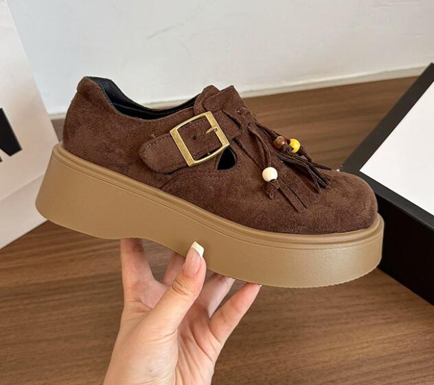 レディーススリッポン 厚底フリンジローファー レディース靴 カラービーズ付き