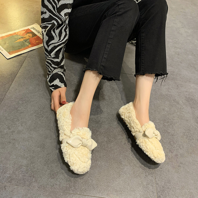 レディーススリッポン 幅広対応 蝶結び ふわもこ裏起毛 厚底綿スリッパ