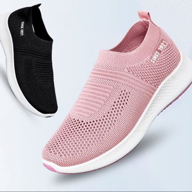 レディーススリッポン 通気性抜群ニット素材軽量厚底スニーカー