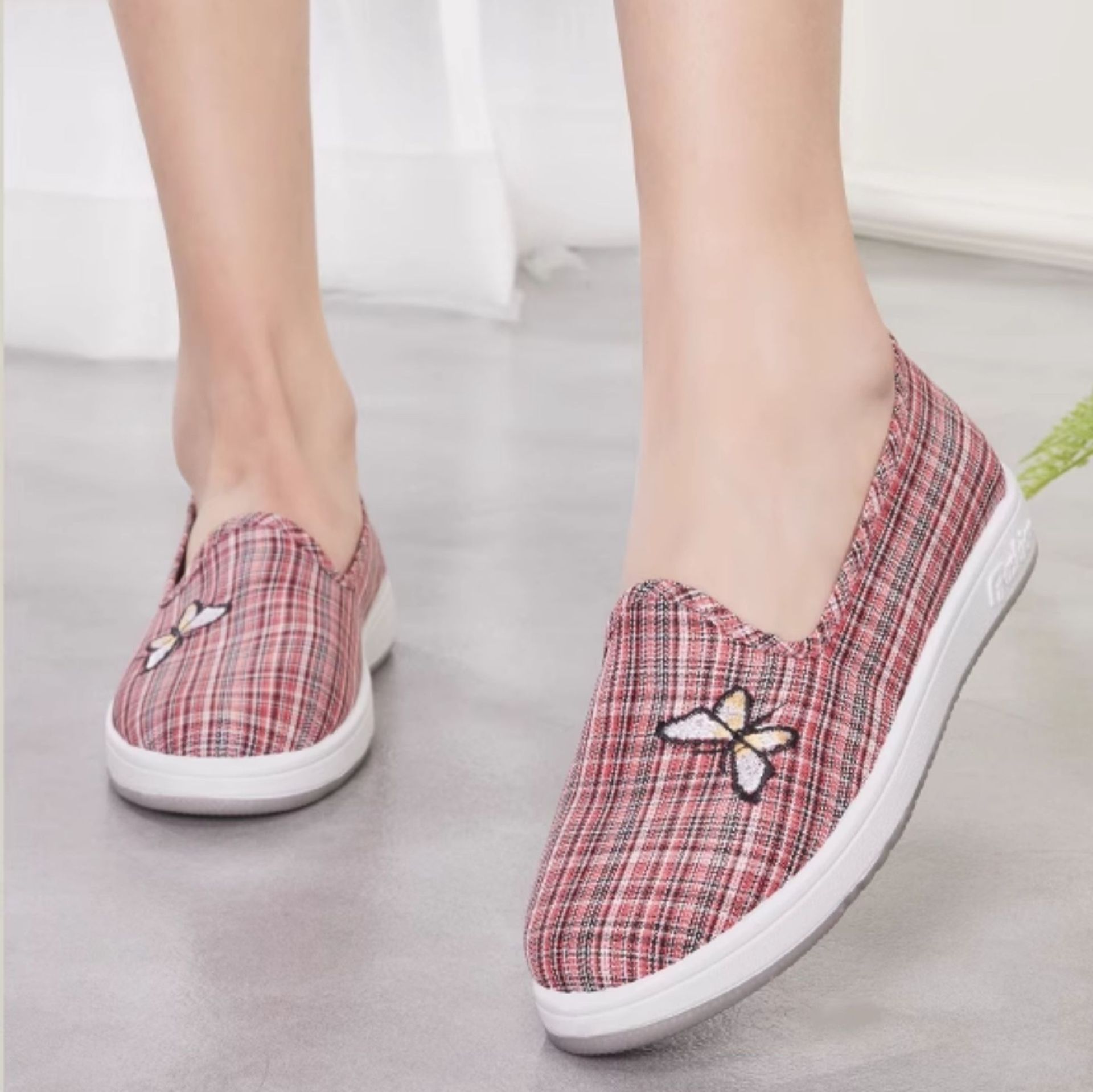 レディーススリッポン 蝶飾り付きチェック柄レディーススリッポン