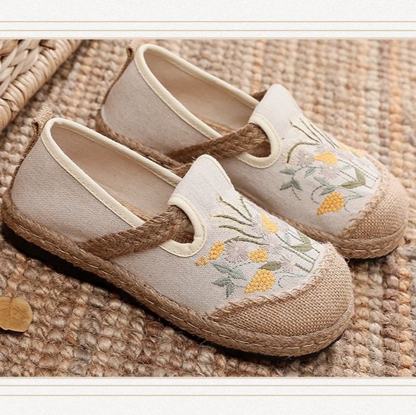 レディーススリッポン 花柄刺繍麻底編み込みぺたんこ靴
