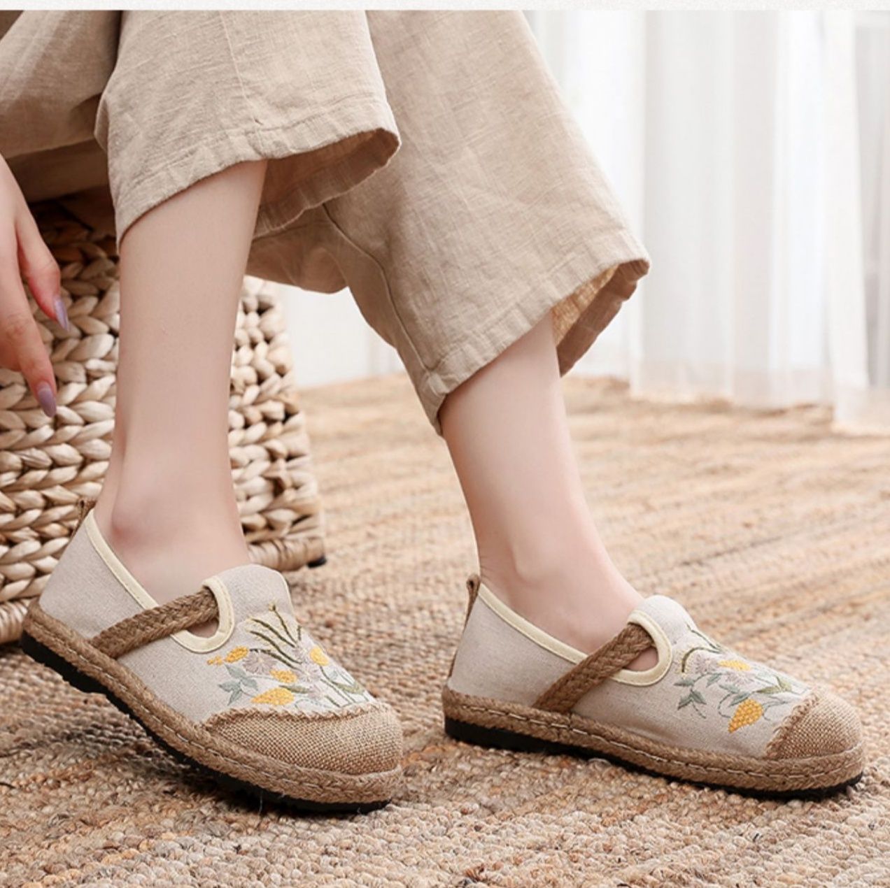 レディーススリッポン 花柄刺繍麻底編み込みぺたんこ靴