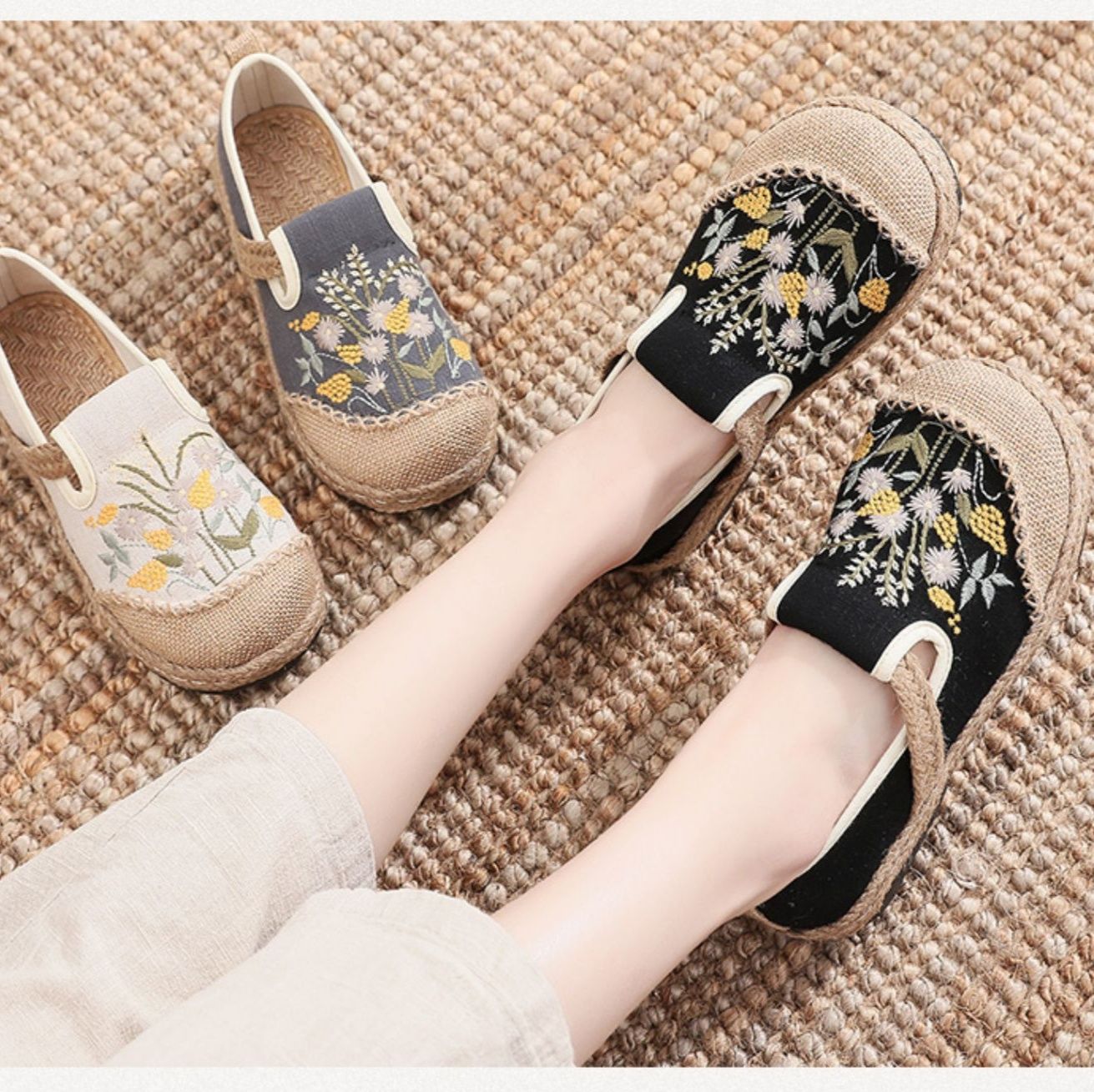 レディーススリッポン 花柄刺繍麻底編み込みぺたんこ靴
