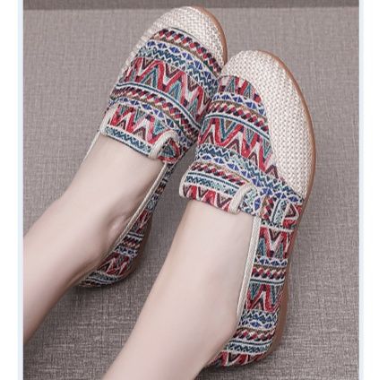 レディーススリッポン 民族風幾何学模様編み込み草履風レディーススリッポン
