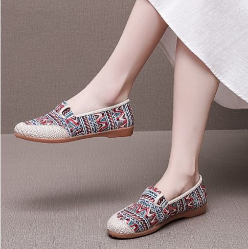 レディーススリッポン 民族風幾何学模様編み込み草履風レディーススリッポン