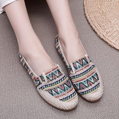 レディーススリッポン 民族風幾何学模様編み込み草履風レディーススリッポン