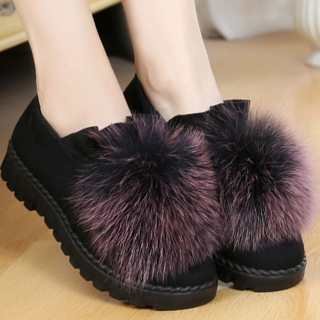 レディーススリッポン 冬暖かいプラスベルベットウサギの毛皮レディーススリッポン