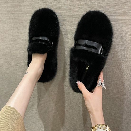 レディーススリッポン 幅広ふわふわファー起毛スリッポン