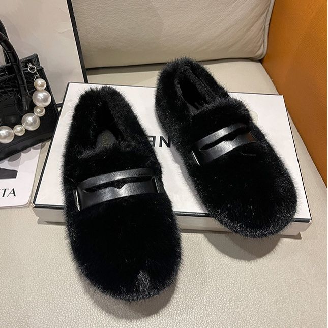レディーススリッポン 幅広ふわふわファー起毛スリッポン