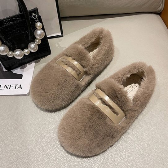レディーススリッポン 幅広ふわふわファー起毛スリッポン