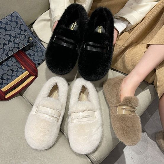 レディーススリッポン 幅広ふわふわファー起毛スリッポン