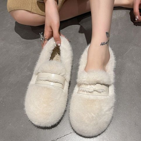 レディーススリッポン 幅広ふわふわファー起毛スリッポン