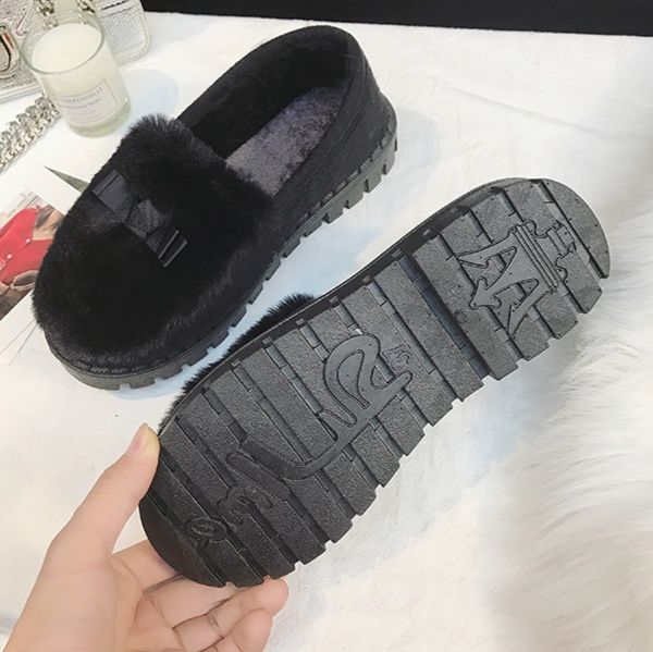 レディーススリッポン ふわふわファー付きリボン装飾スリッポン