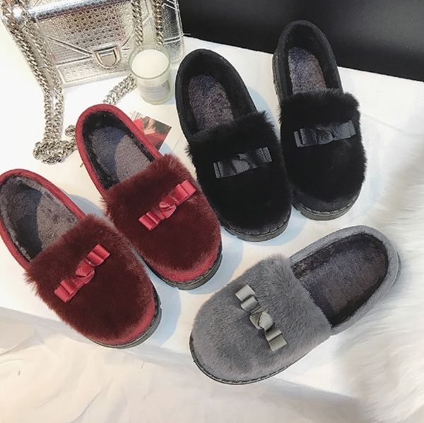 レディーススリッポン ふわふわファー付きリボン装飾スリッポン