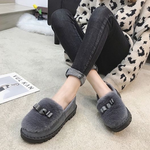 レディーススリッポン ふわふわファー付きリボン装飾スリッポン