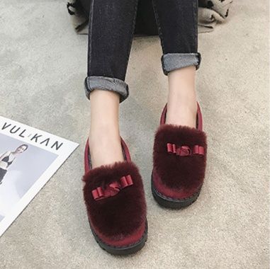 レディーススリッポン ふわふわファー付きリボン装飾スリッポン