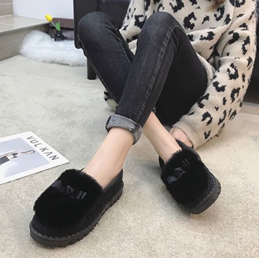 レディーススリッポン ふわふわファー付きリボン装飾スリッポン