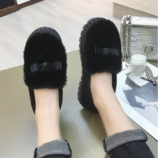 レディーススリッポン ふわふわファー付きリボン装飾スリッポン