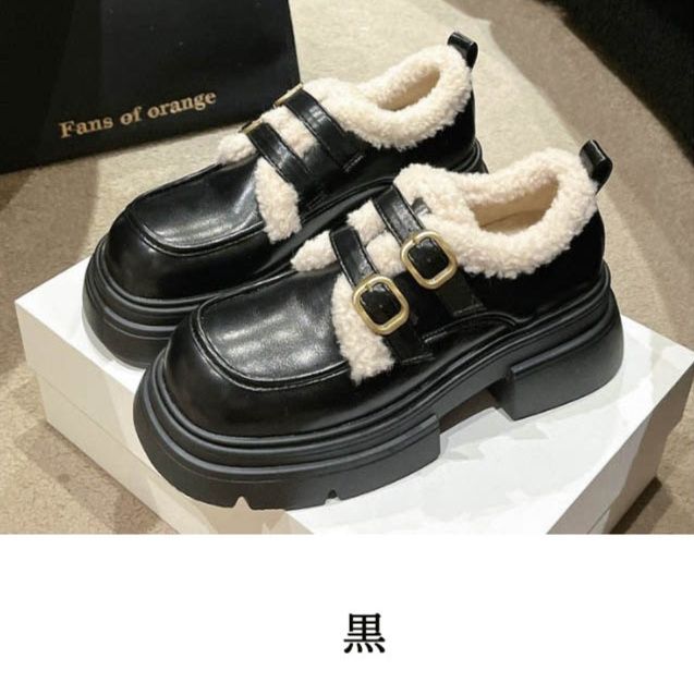 レディーススリッポン 裏ボア厚底ローファー風スリッポン 二連ストラップ 美脚スタイルアップ