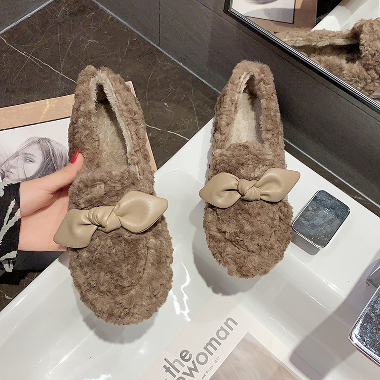 レディーススリッポン 幅広対応 蝶結び ふわもこ裏起毛 厚底綿スリッパ