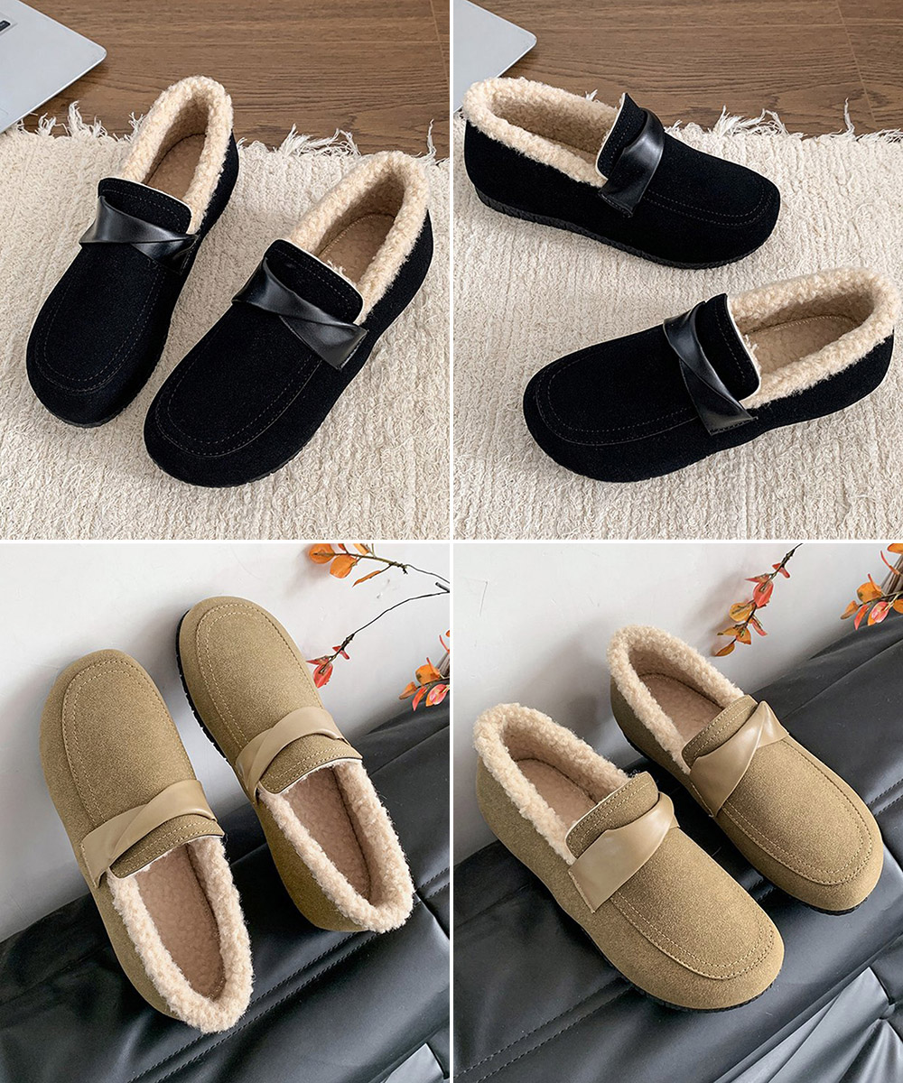 幅広ファーモカシン裏起毛レディーススリッポン