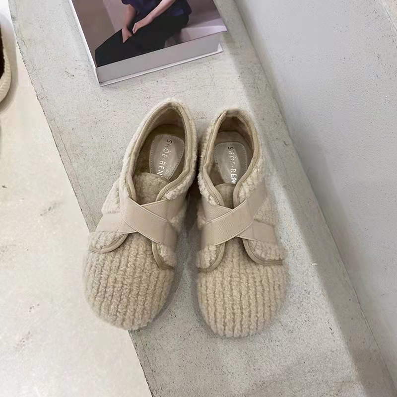 レディーススリッポン 幅広対応 ふわふわニット素材 丸トゥバレエシューズ 秋冬新作