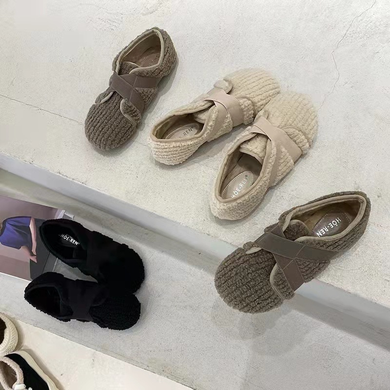 レディーススリッポン 幅広対応 ふわふわニット素材 丸トゥバレエシューズ 秋冬新作