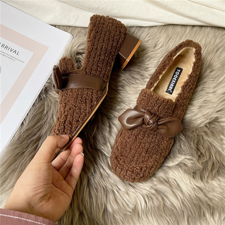 レディーススリッポン 蝶結び付き幅広もこもこ裏起毛レディース靴