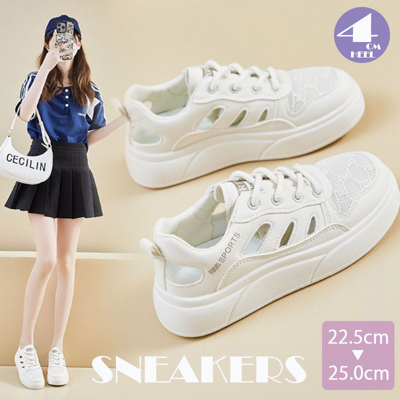 レディーススリッポン 厚底で通気性抜群 軽量 スタイルアップ 紐付きシューズ