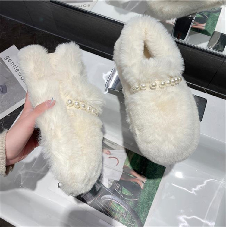 厚底ファー付きパール装飾レディーススリッポン