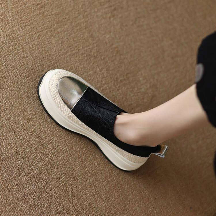 レディーススリッポン 厚底ヒョウ柄スリッポン 快適中ヒール レディース楽々靴