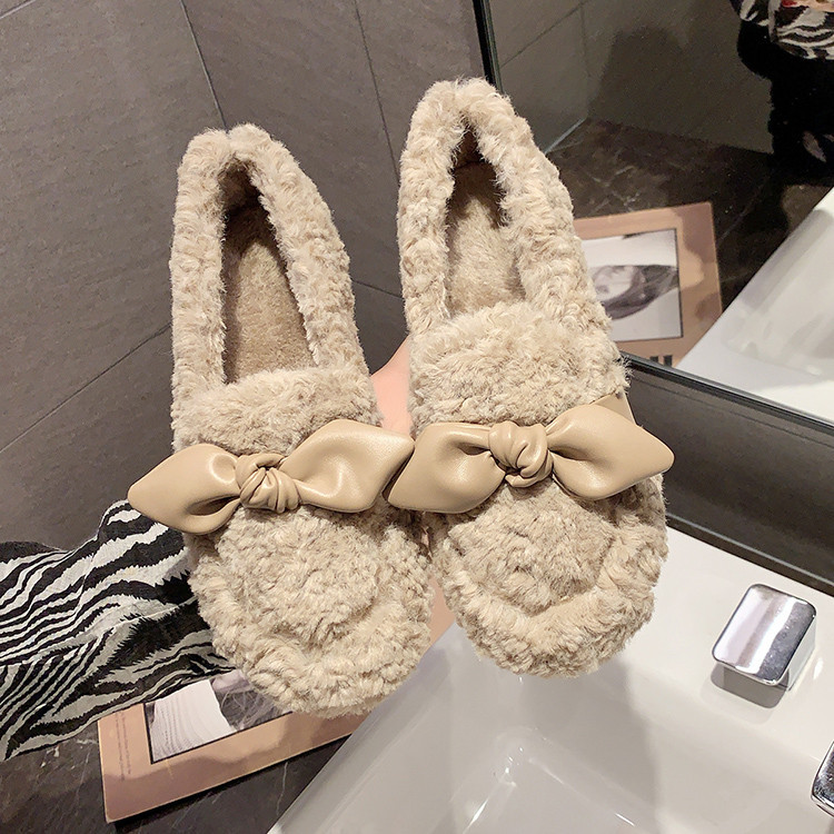 レディーススリッポン 幅広対応 蝶結び ふわもこ裏起毛 厚底綿スリッパ