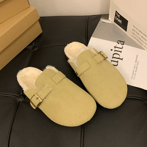 レディーススリッポン 幅広対応 ムートン調裏ボアミュール ぺたんこ