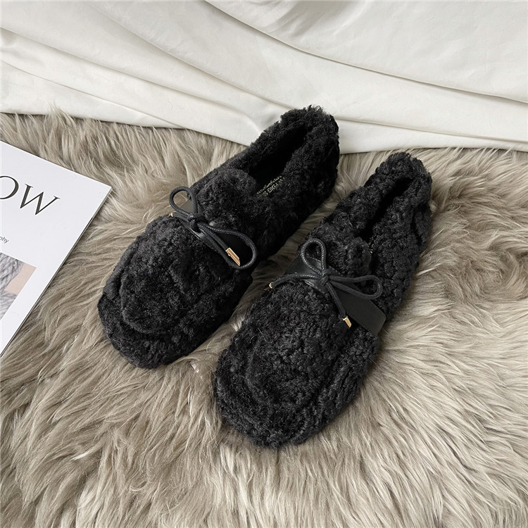 レディーススリッポン 幅広 蝶結び厚底ぬいぐるみ靴 裏起毛暖かスリッポン