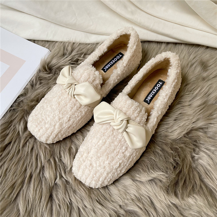 レディーススリッポン 蝶結び付き幅広もこもこ裏起毛レディース靴